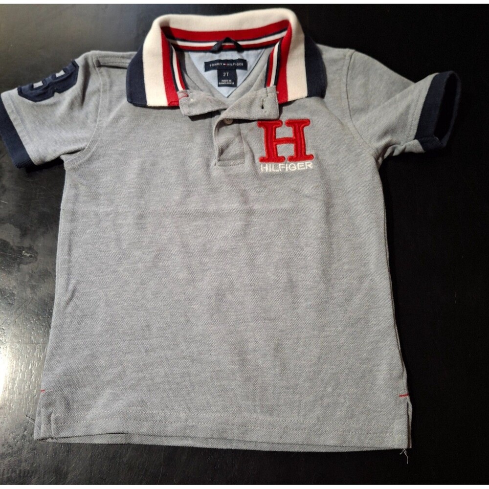 Tommy Hilfiger Polo Shirt Kids 2 T Grey Excellent Short Sleeve H Logo Grey